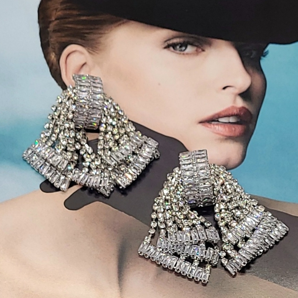 Estate AB Luxury Palace Chic Crystal Exaggerated Bow Silver Dangle Earrings